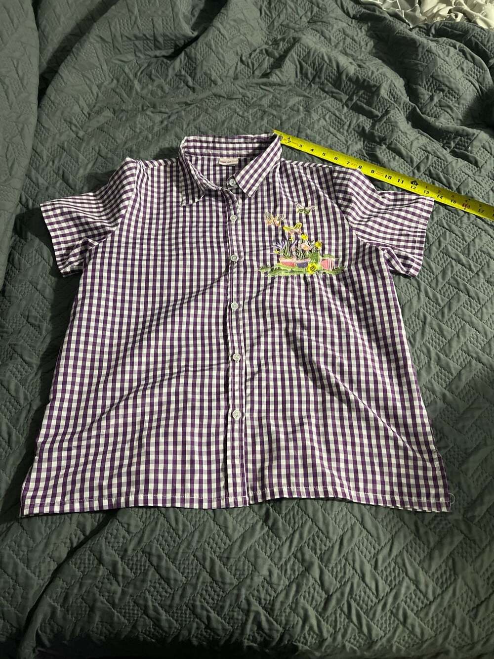 Vintage American Sweetheart Purple Gingham Embroidered Butterfly Shirt Size L